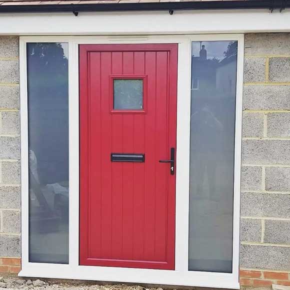 Origin residential front door (TR 02) in RAL3004 purple/red - with window 